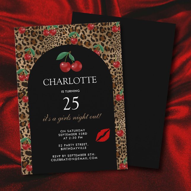 Leopard Cheetah Djurtryck Röd Körsbär Födelsedag Inbjudningar (Leopard Cheetah Animal Print Red Cherry Birthday Invitation)
