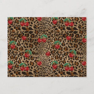 Leopard Cheetah Djurtryck Röd Körsbärsmönster Vykort