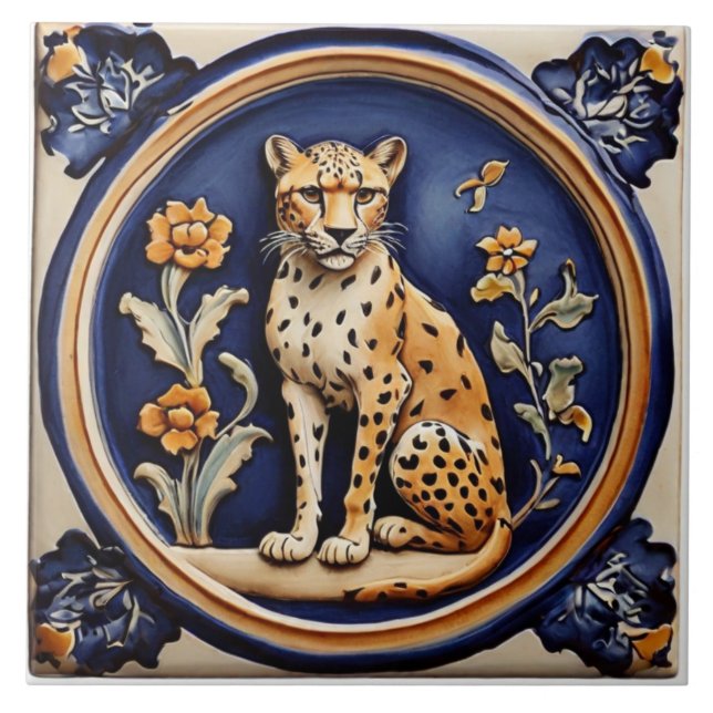 Leopard Cheetah & Flowers Mörk blått Antique Kakelplatta (Framsidan)
