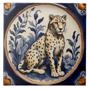 Leopard Cheetah Navy Blue Antique Vintage Kakelplatta