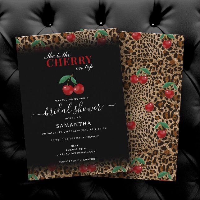 Leopard Cheetah Print Cherry On Top Bridal Shower Inbjudningar (Leopard Cheetah Print Cherry On Top Bridal Shower Invitation)