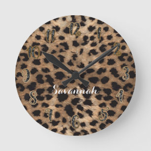 Leopard Cheetah Tan Brown Black Personlig Rund Klocka