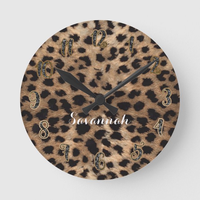 Leopard Cheetah Tan Brown Black Personlig Rund Klocka (Framsida)