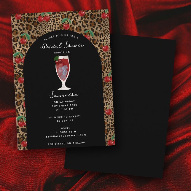 Leopard Cheetah Tryck Körsbär Bröllopsdusch Inbjudningar (Leopard Cheetah Print Cherry Bridal Shower Invitation)