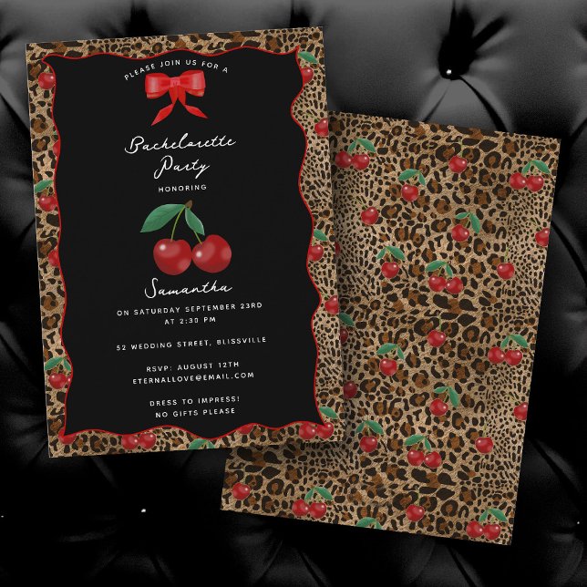 Leopard Cheetah Tryck Körsbär Cocktail Möhippa Inbjudningar (Leopard Cheetah Print Cherry Cocktail Bachelorette Invitation)