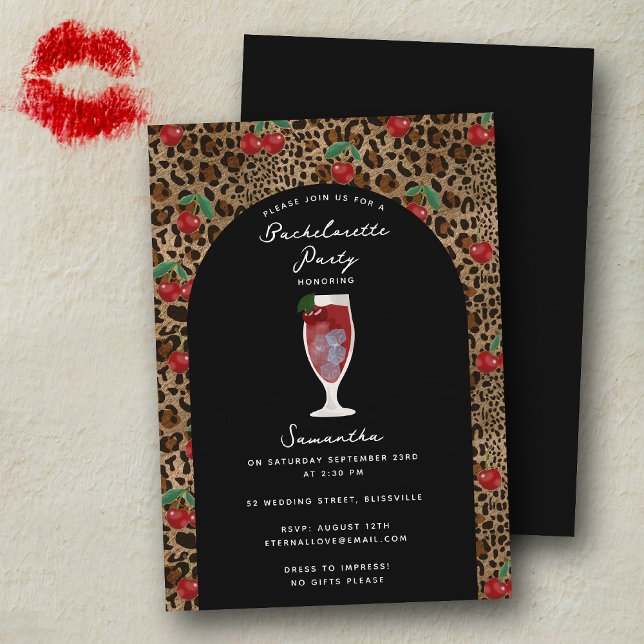 Leopard Cheetah Tryck Körsbär Cocktail Möhippa Inbjudningar (Leopard Cheetah Print Cherry Cocktail Bachelorette Invitation)