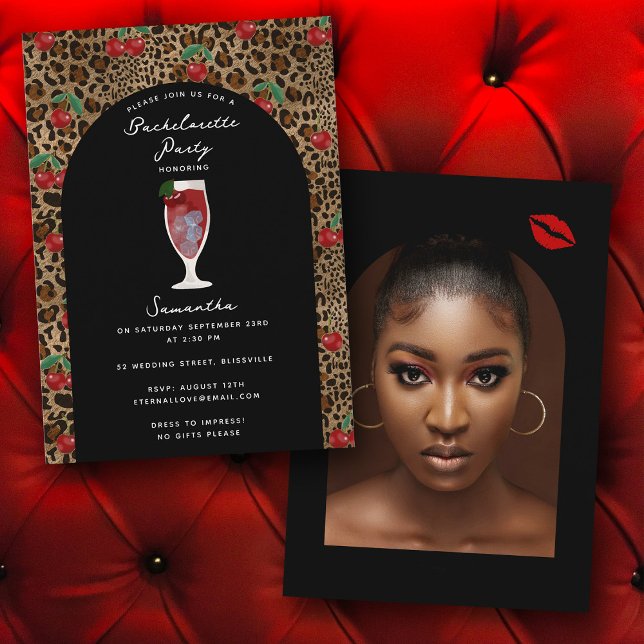 Leopard Cheetah Tryck Körsbär Speningsfest Foto Inbjudningar (Leopard Cheetah Print Cherry Bachelorette Photo Invitation)