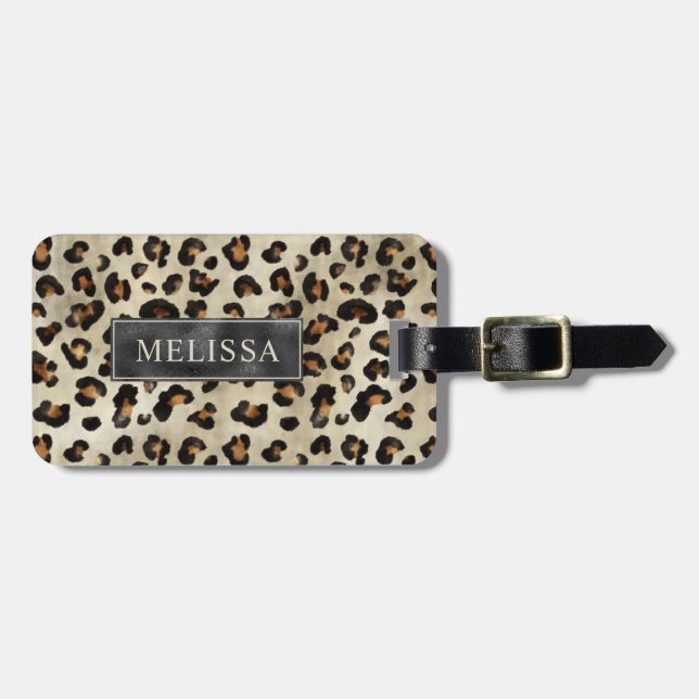 Leopard Cheetah Tryck Med Svart Falsk Folie Och Na Bagagebricka (Horisontell Framsida)