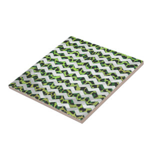 Leopard Chevron Svart och Grön Print Kakelplatta