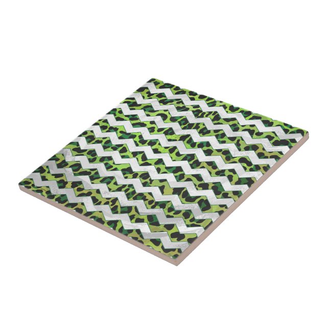 Leopard Chevron Svart och Grön Print Kakelplatta (Sidan)