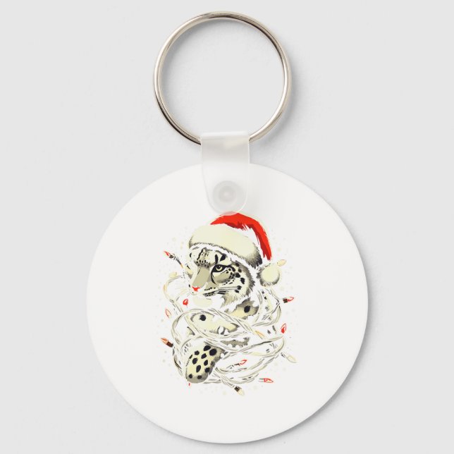 Leopard Christmas Santa Hat Christmas Lights Women Nyckelring (Framsida)