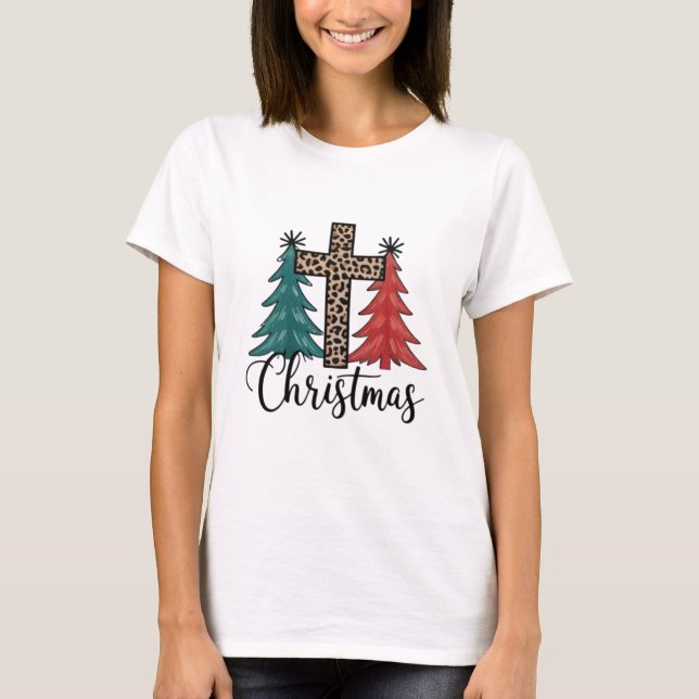 Leopard Cross Julgranar Kristna  T Shirt (Framsida)
