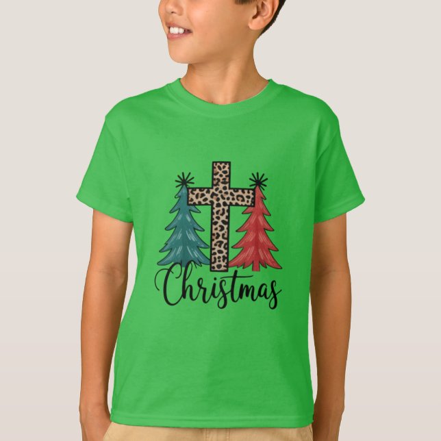 Leopard Cross Julgranar Kristna  T Shirt (Framsida)