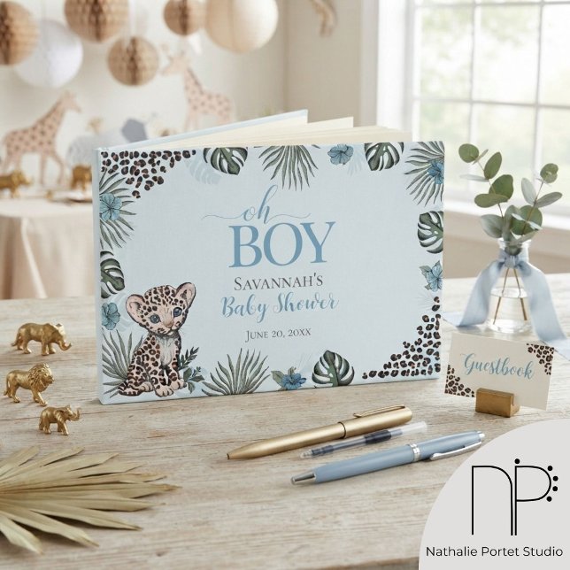 Leopard Cub Blå Barnkalas Gästböcker (hand-drawn baby boy leopard, jungle leaves, blue florals, & leopard print for a safari boy keepsake)