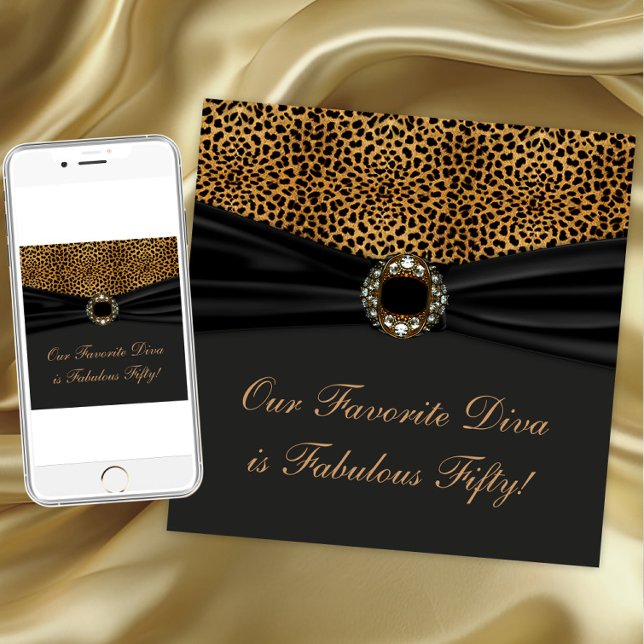Leopard Diva Kvinnas fantastiska 50-årsfest Inbjudningar (Elegant leopard jewel any occasion invitation. Instant download and printed invitations available.)