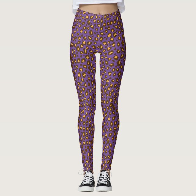Leopard Djurets mönster gult bruna lila Leggings (Framsida)