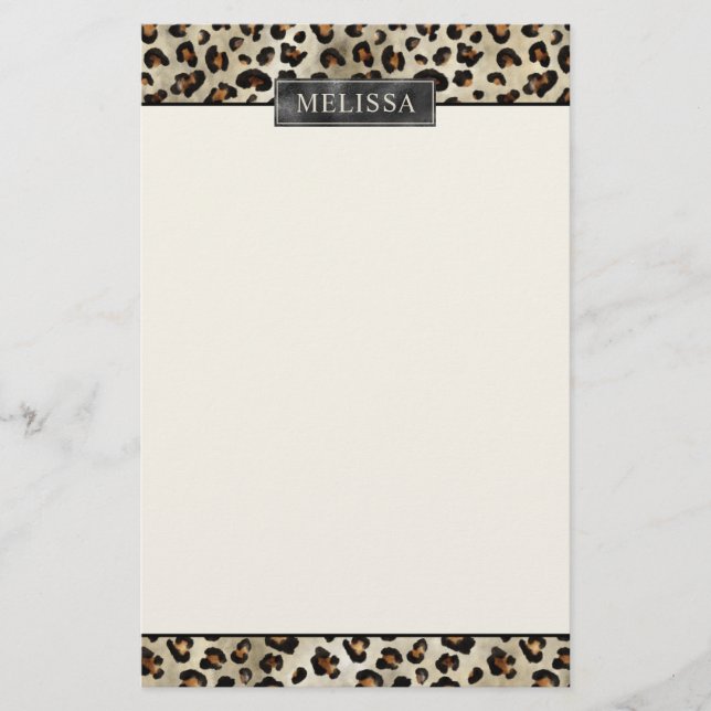 Leopard Djurtryck Med Svart Falsk Folie Och Namn Brevpapper (Framsida)