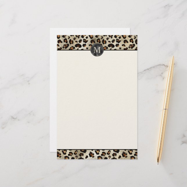 Leopard Djurutryck Med Svart Falsk Folie Monogram Brevpapper (Fram/Back In Situ)