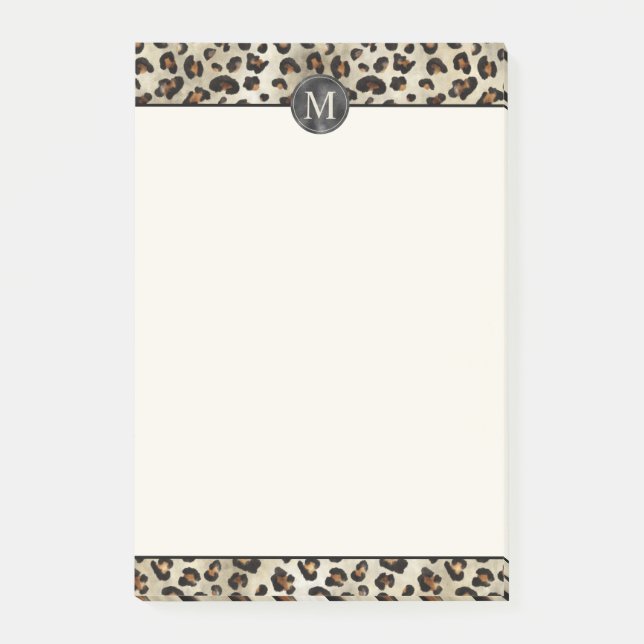 Leopard Djurutryck Med Svart Falsk Folie Monogram Post-it Block (Framsida)