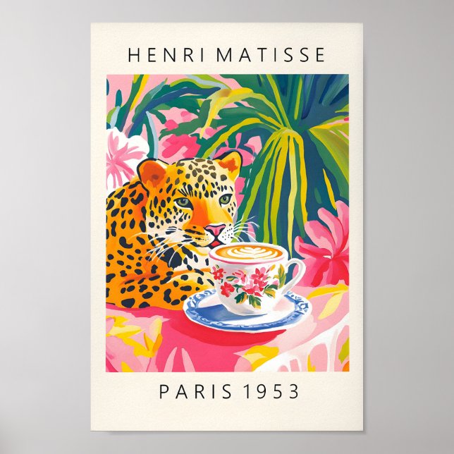 Leopard Drinking Coffee, Henri Matisse Print, Rosa Poster (Framsidan)