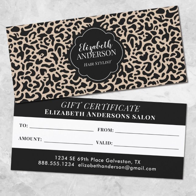 Leopard Frisörskönhetssalong Presentkort (An elegant and chic leopard pattern beauty salon gift card.)
