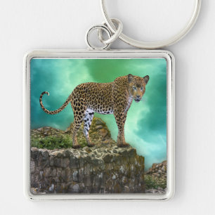 Leopard Fyrkantig Silverfärgad Nyckelring