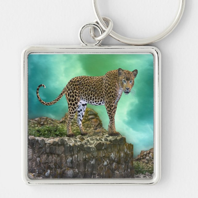 Leopard Fyrkantig Silverfärgad Nyckelring (Framsidan)