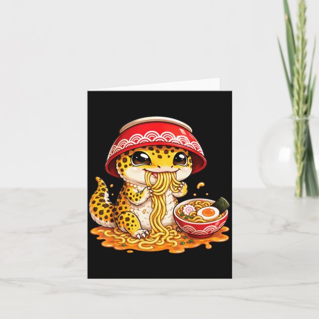 Leopard Gecko äter Ramen Nudlar Japansk Kawaii Kort (Framsida)