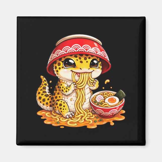 Leopard Gecko äter Ramen Nudlar Japansk Kawaii Magnet (Framsidan)