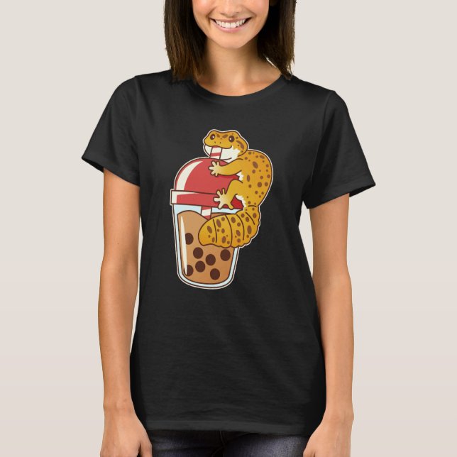 Leopard Gecko Drinking Boba Bubble Tea T Shirt (Framsida)