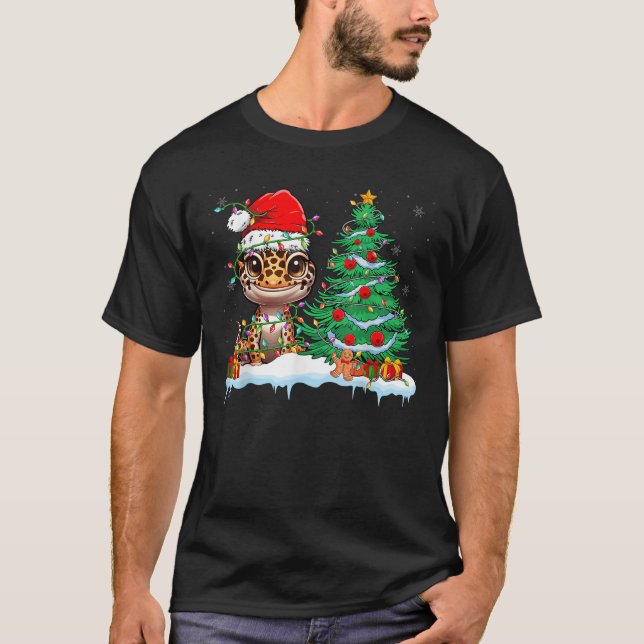 Leopard Gecko Funny Gecko Wearing Santa Hat Christ T Shirt (Framsida)