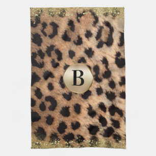 Leopard Gepard Djurtryck Guld Glitter Monogram Kökshandduk