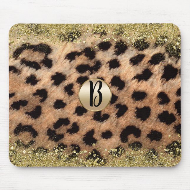 Leopard Gepard Djurtryck Guld Glitter Monogram Musmatta (Framsidan)
