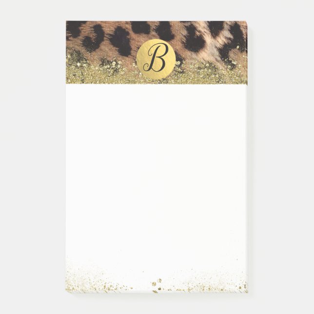 Leopard Gepard Djurtryck Guld Glitter Monogram Post-it Block (Framsida)