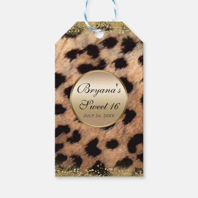 Leopard Gepard Djurtryck Guld Glitter Monogram Presentetikett (Framsidan)