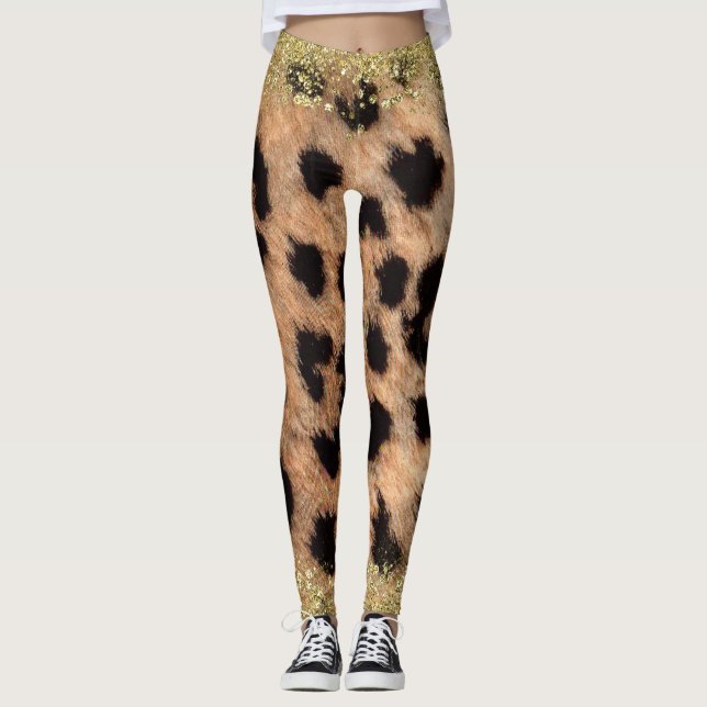 Leopard Gepard Djurtryck Guld Glitter Trendigt Leggings (Framsida)