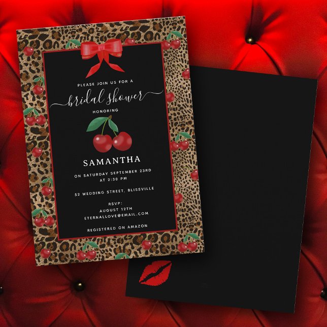 Leopard Gepard Djurtryck Körsbär Bröllopsdusch Inbjudningar (Leopard Cheetah Animal Print Cherry Bridal Shower Invitation)