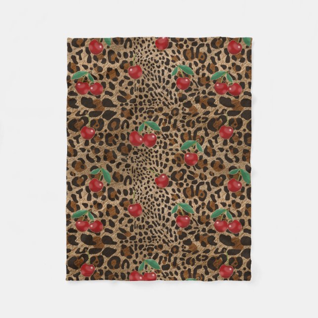 Leopard Gepard Djurtryck Röd Körsbärsmönster Fleecefilt (Framsidan)