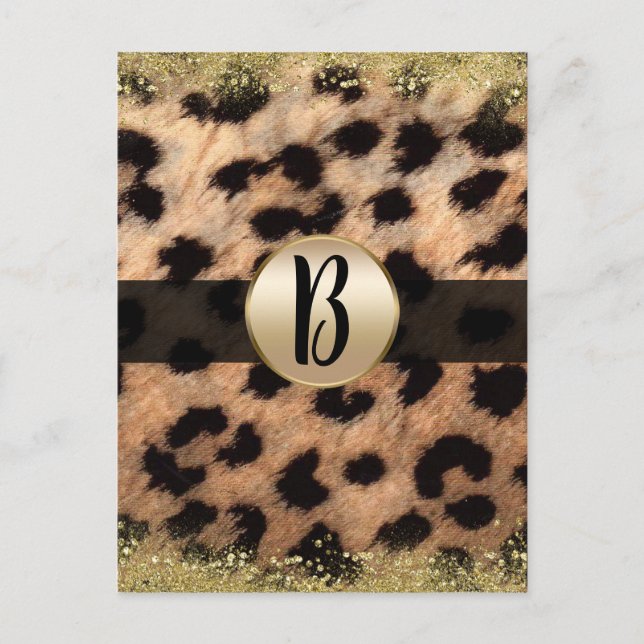 Leopard Gepard Guld Glitter Monogram Flyer Mailer Meddelande Vykort (Framsida)