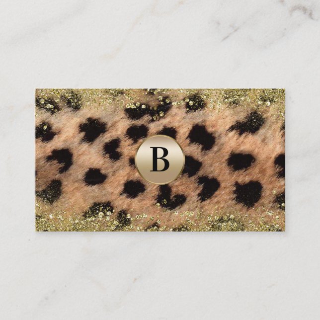 Leopard Gepard Guld Glitter Monogram Personlig Visitkort (Framsida)