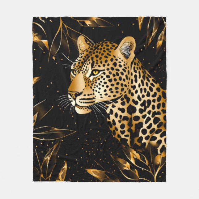Leopard Gepard Svart Guld Djungel Safari Löv Fleecefilt (Framsidan)