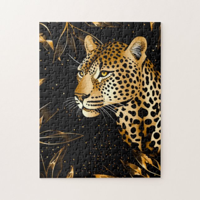 Leopard Gepard Svart Guld Djungel Safari Löv Pussel (Vertikal)