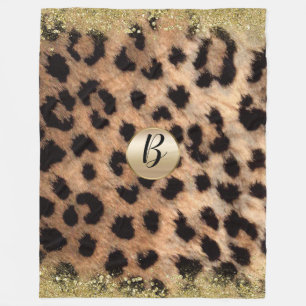 Leopard Gepard Tryck Guld Glitter Glam Monogram Fleecefilt