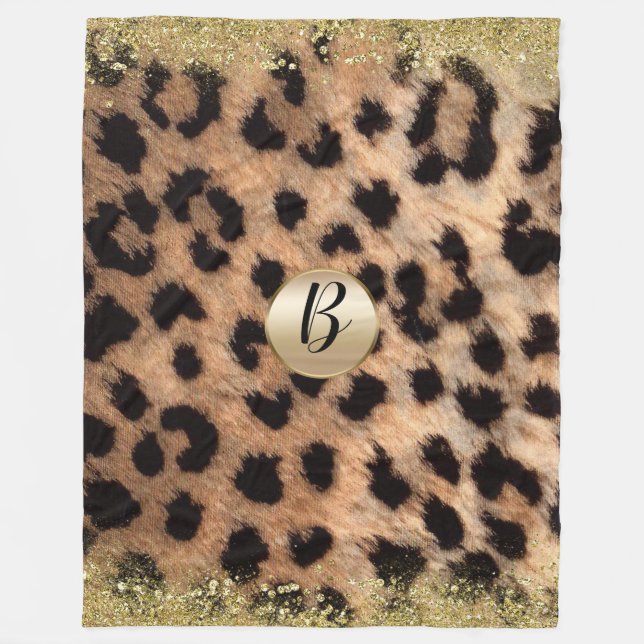Leopard Gepard Tryck Guld Glitter Glam Monogram Fleecefilt (Framsidan)