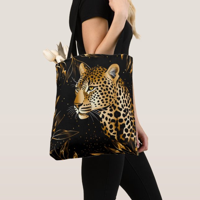 Leopard Gepardtryck Svart Guld Djungelblad Tygkasse (Närbild)