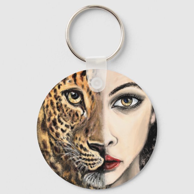 Leopard Girl Ansikte Fantasy Keychain Nyckelring (Framsida)