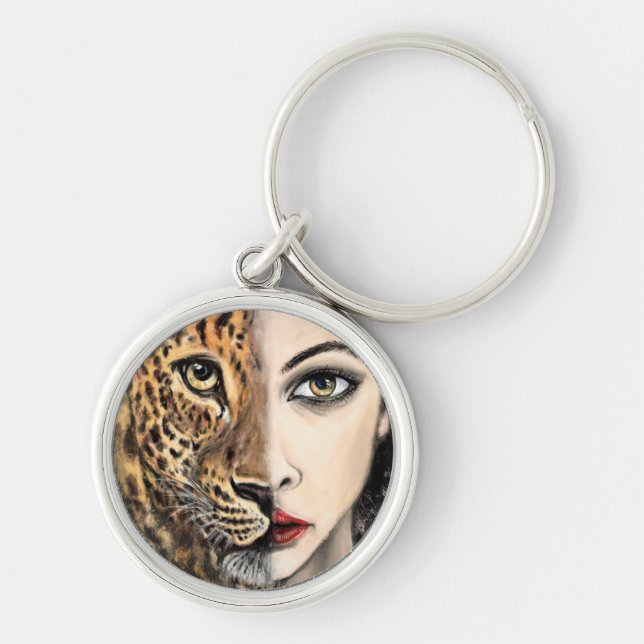 Leopard Girl Ansikte Fantasy Keychain Rund Silverfärgad Nyckelring (Framsidan)