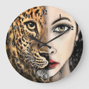 Leopard Girl Ansikte Fantasy Painting Vild Animal Stor Klocka