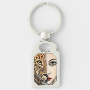 Leopard Girl Keychain Rektangulärt Silverfärgad Nyckelring
