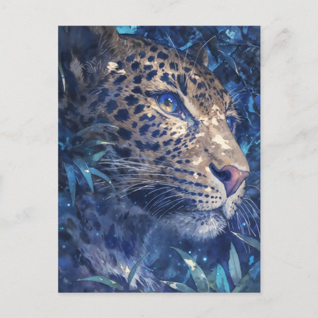 Leopard Gläntar Genom Indigo Akvarell Djungel Vykort (Framsida)